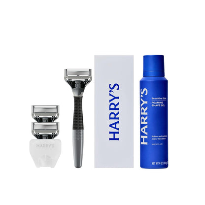 Original Shaving Kit for Men - Razor Handle, 3 Razor Blade Refills, Foaming Shave Gel, and Travel Blade Cover - German Engineered - Charcoal