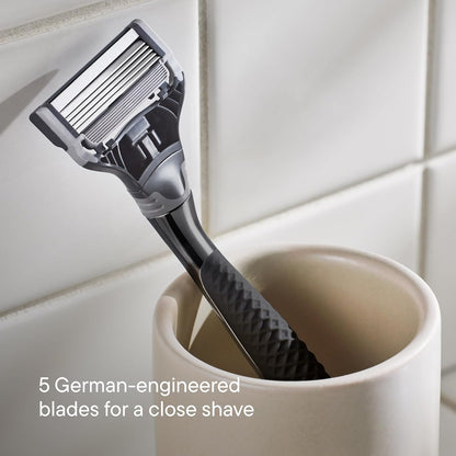 Original Shaving Kit for Men - Razor Handle, 3 Razor Blade Refills, Foaming Shave Gel, and Travel Blade Cover - German Engineered - Charcoal